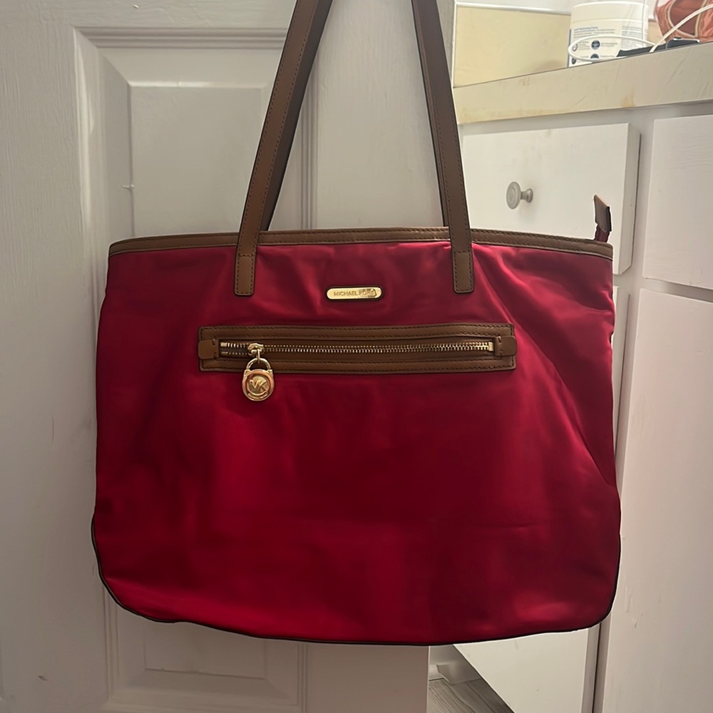 Michael Kors red nylon and brown leather trim tote bag